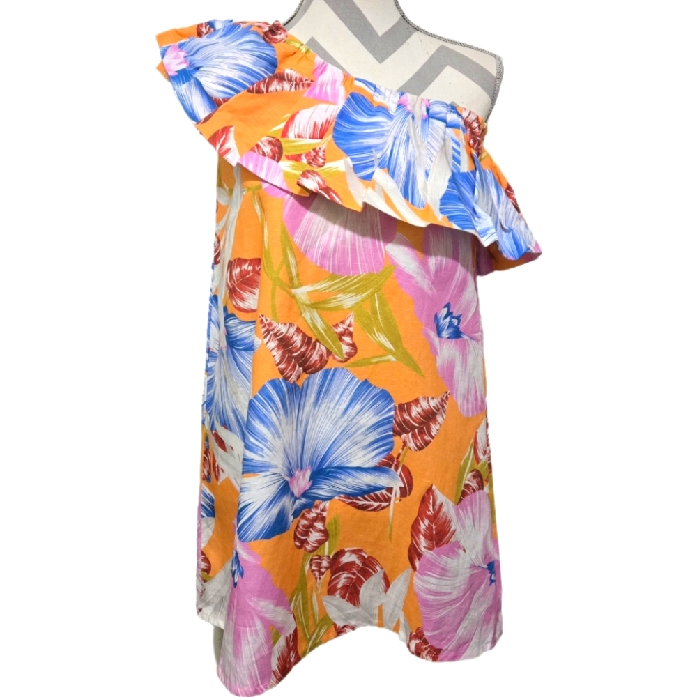 Never A Wallflower Cotton Mini Dress Tangerine Tropical One Shoulder Size Small